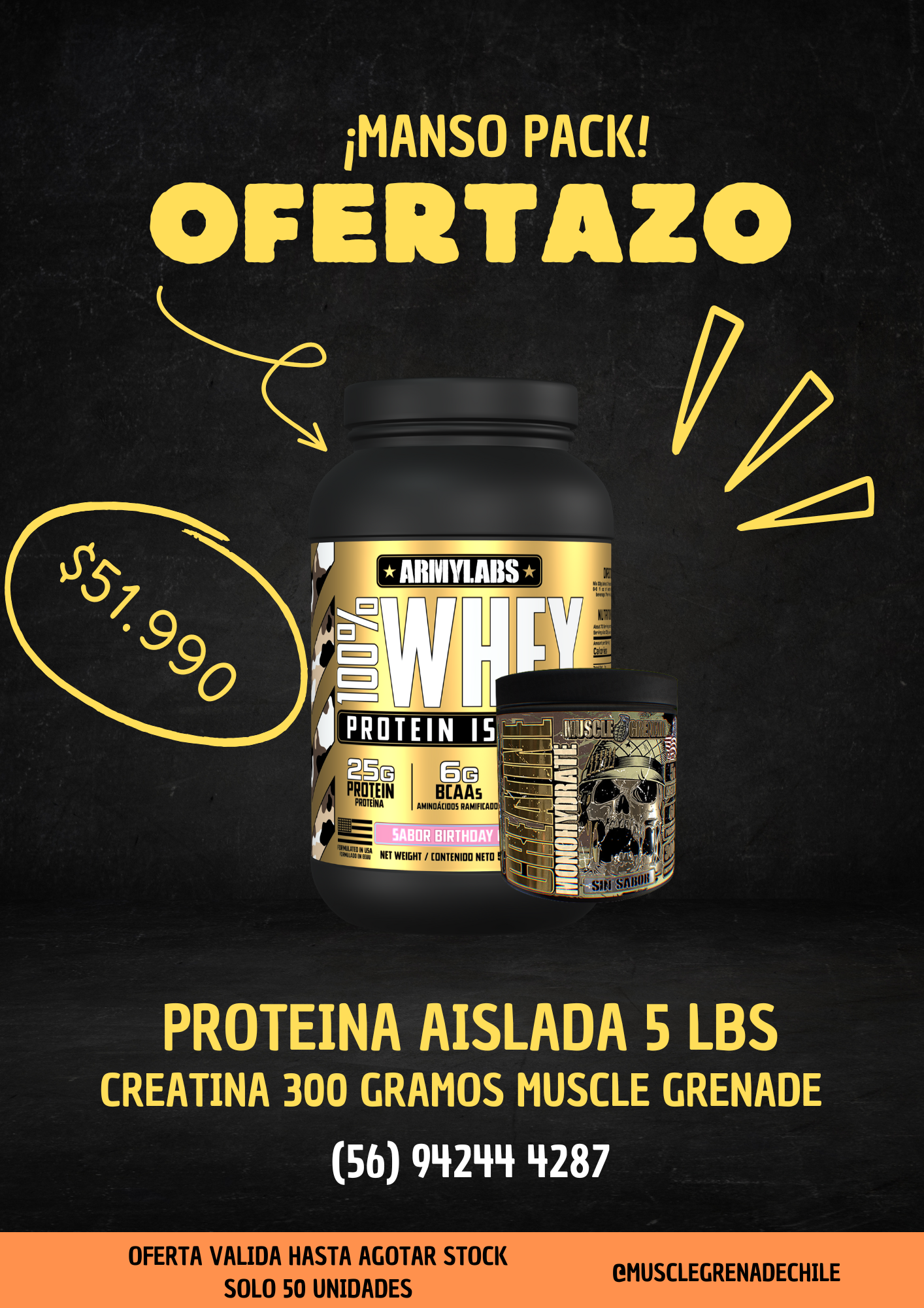Oferta Proteina Army Labs + Creatina 300 Gramos Muscle Grenade