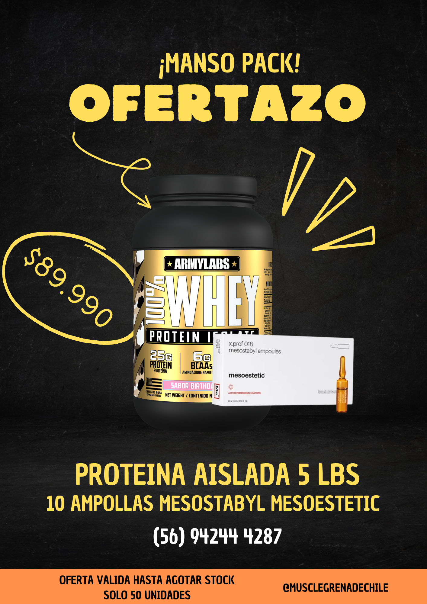 Oferta Proteina Army Labs + 10 Ampollas Mesostabyl Mesoestetic Muscle Grenade